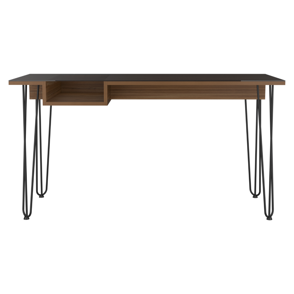 Modern writing desk with walnut finish and black hairpin legs