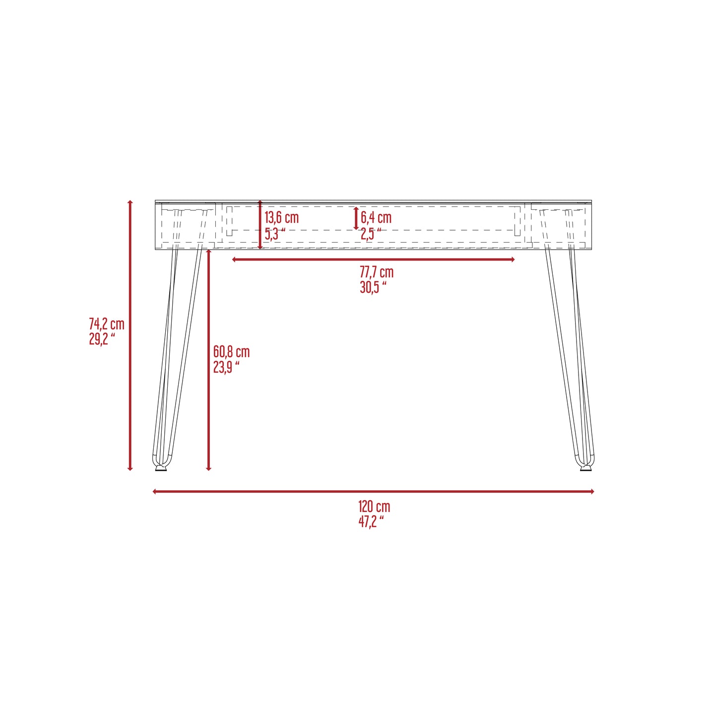 Line drawing of a modern rectangular desk with tapered metal legs and dimensions shown