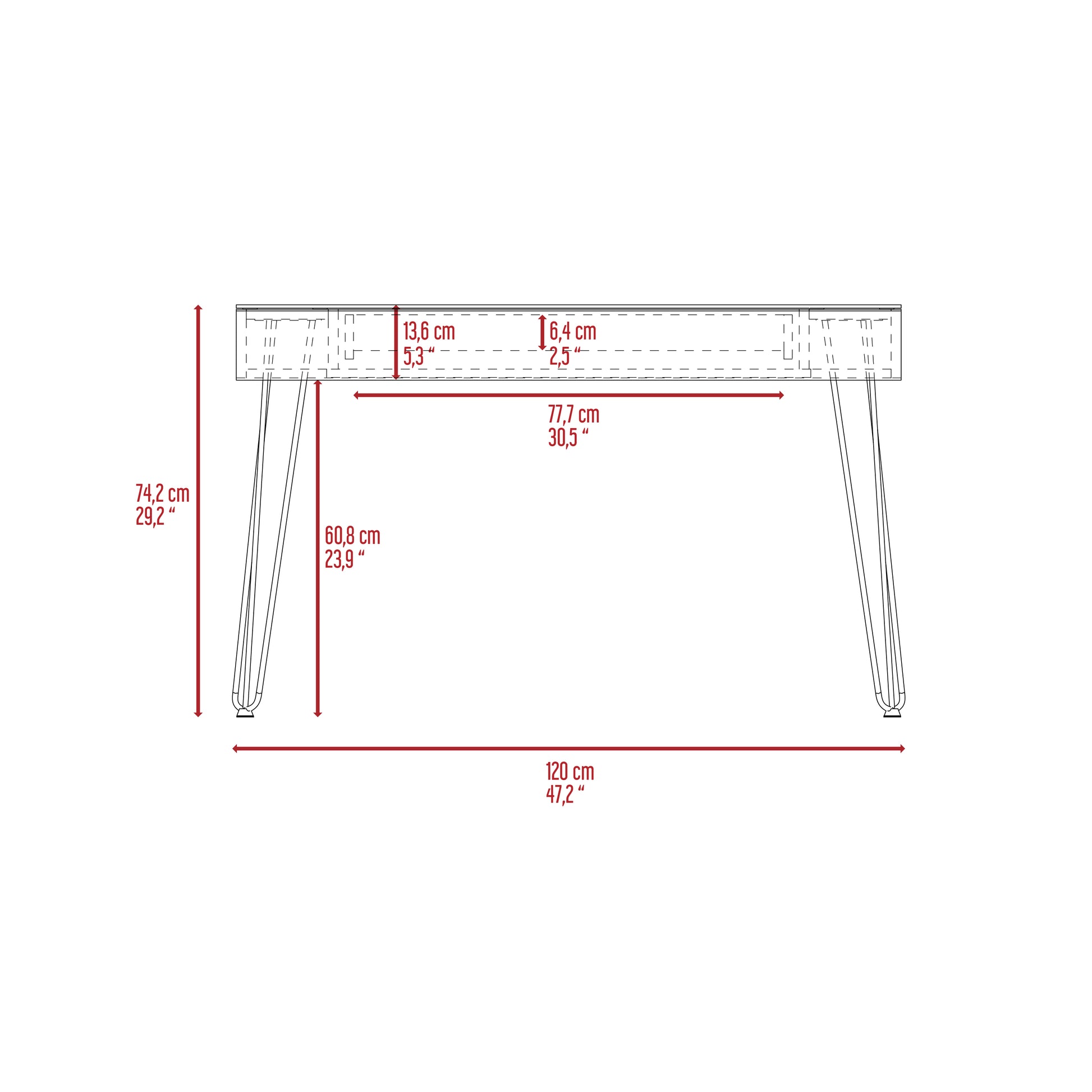 Line drawing of a modern rectangular desk with tapered metal legs and dimensions shown