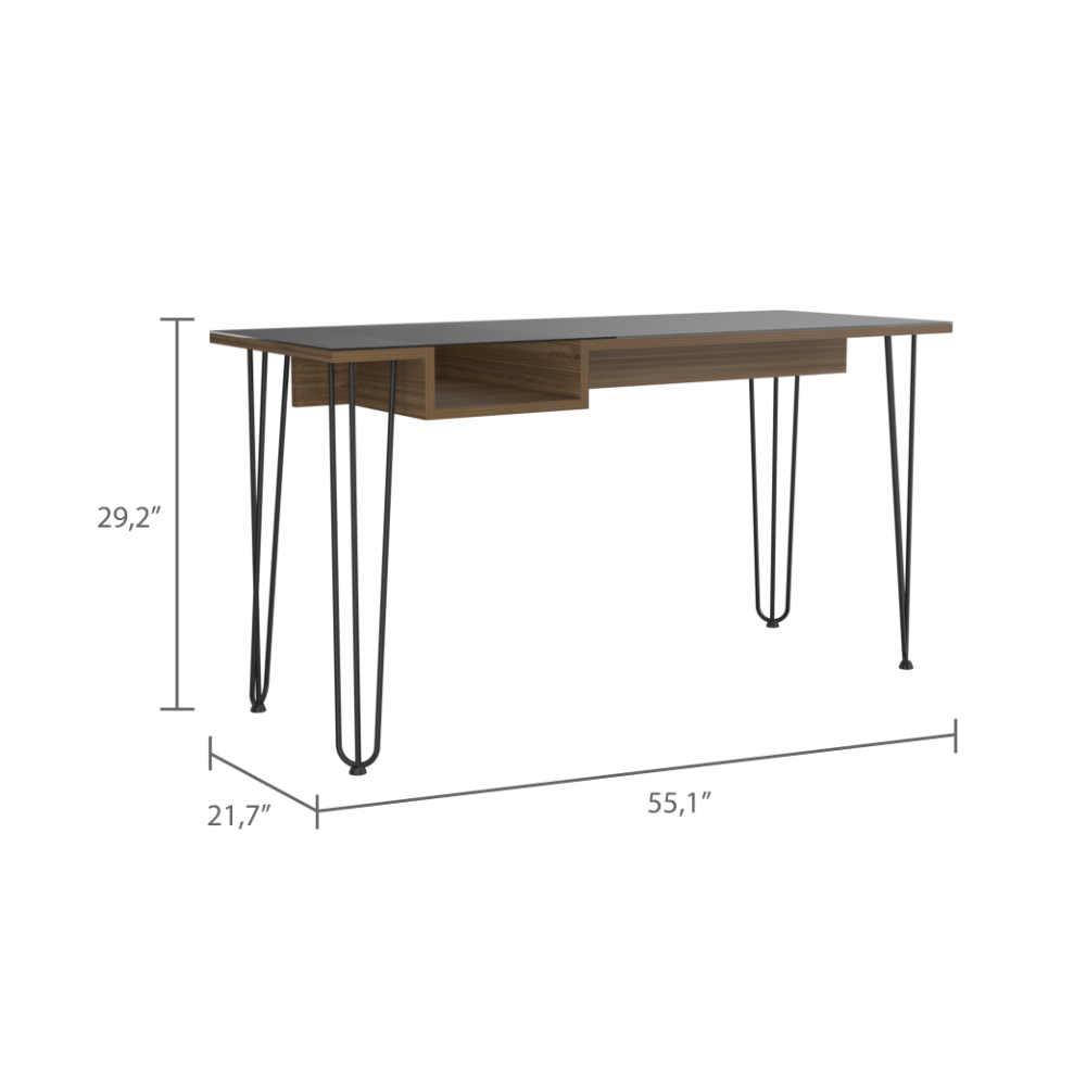 Midcentury modern desk with walnut finish and black metal hairpin legs