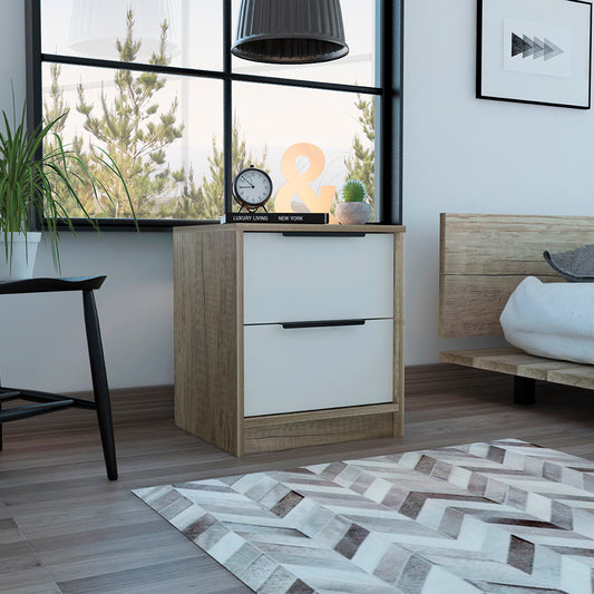 Modern twodrawer nightstand with wood grain and white finish