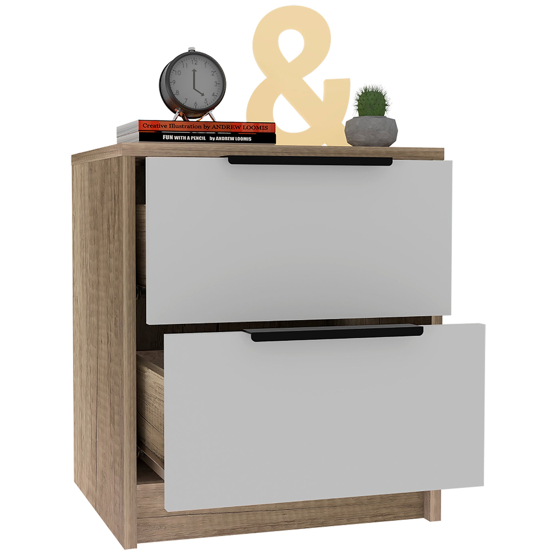 Modern oak and white bedside table with two drawers and decorative items