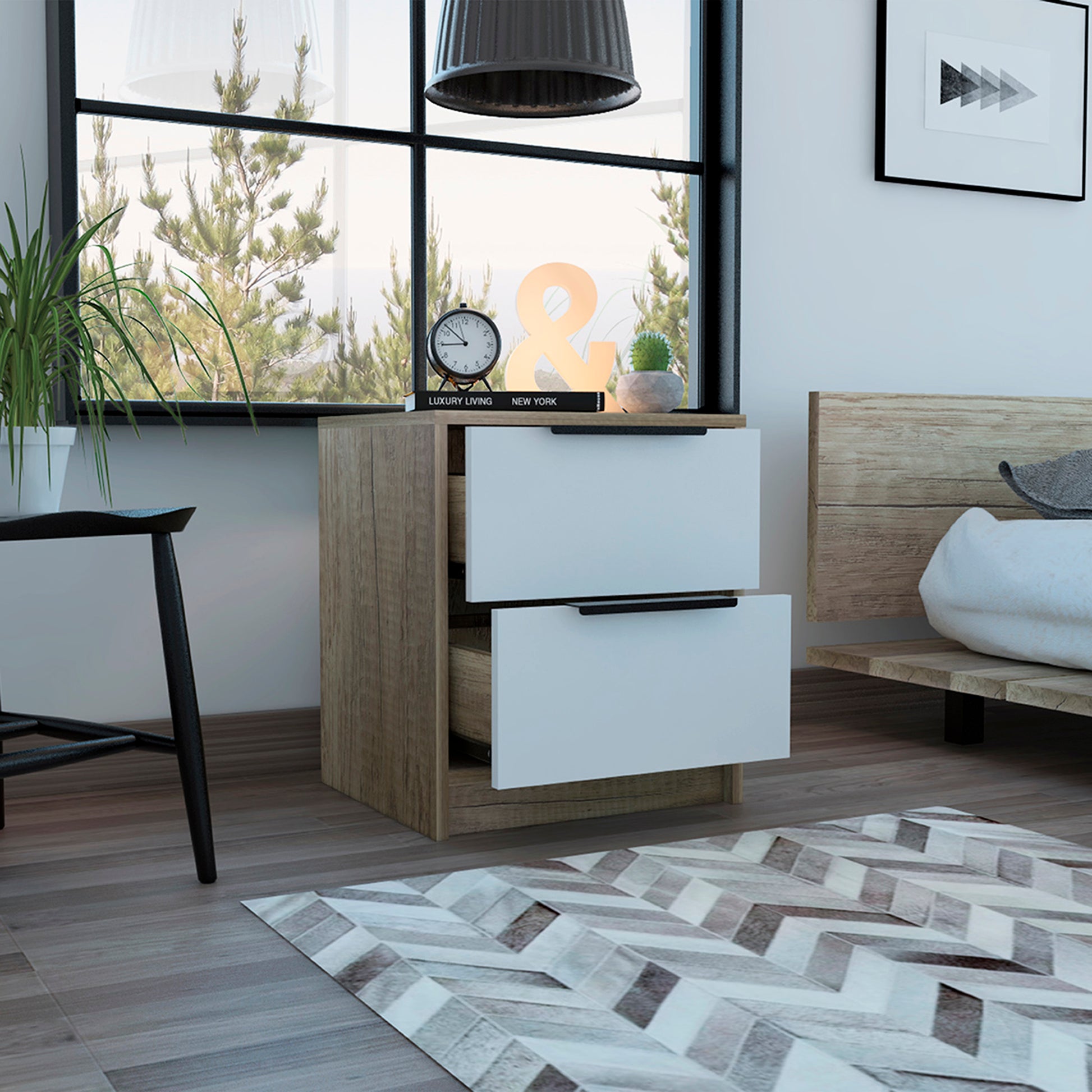 Modern wood and white twodrawer nightstand with sleek black handles