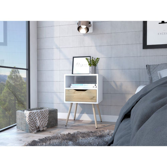 White and wood nightstand with one drawer and open shelf for bedroom