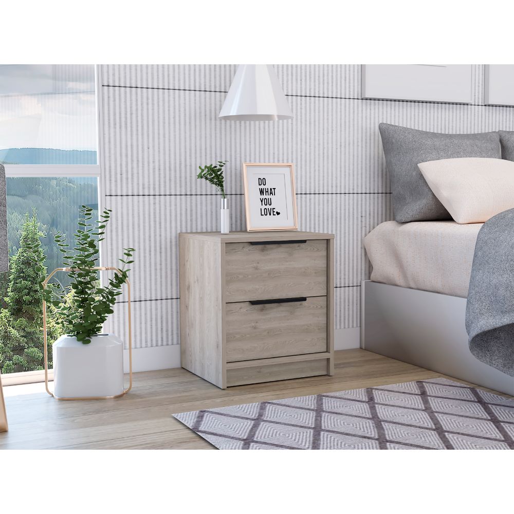 Light oak wood twodrawer nightstand with black pulls