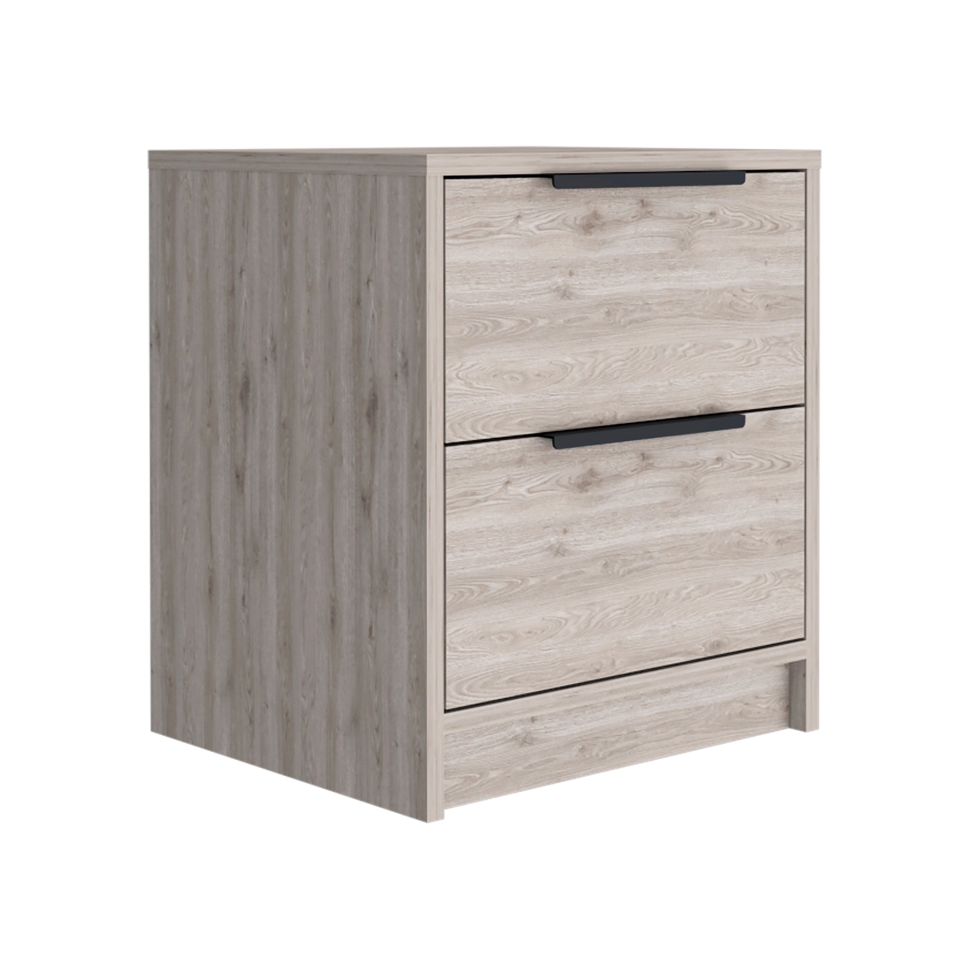 Light wood effect bedside cabinet with two drawers and black handles for bedroom storage