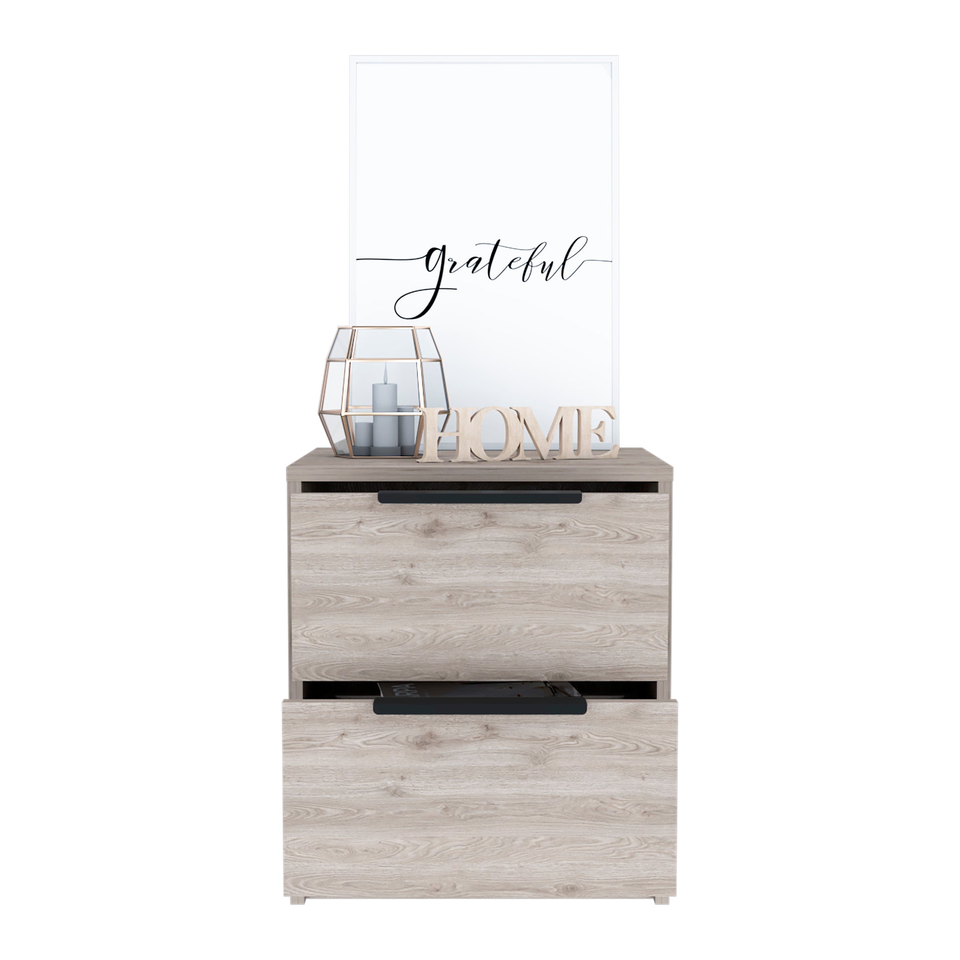 Light oak wood bedside table with black handle and decorative items