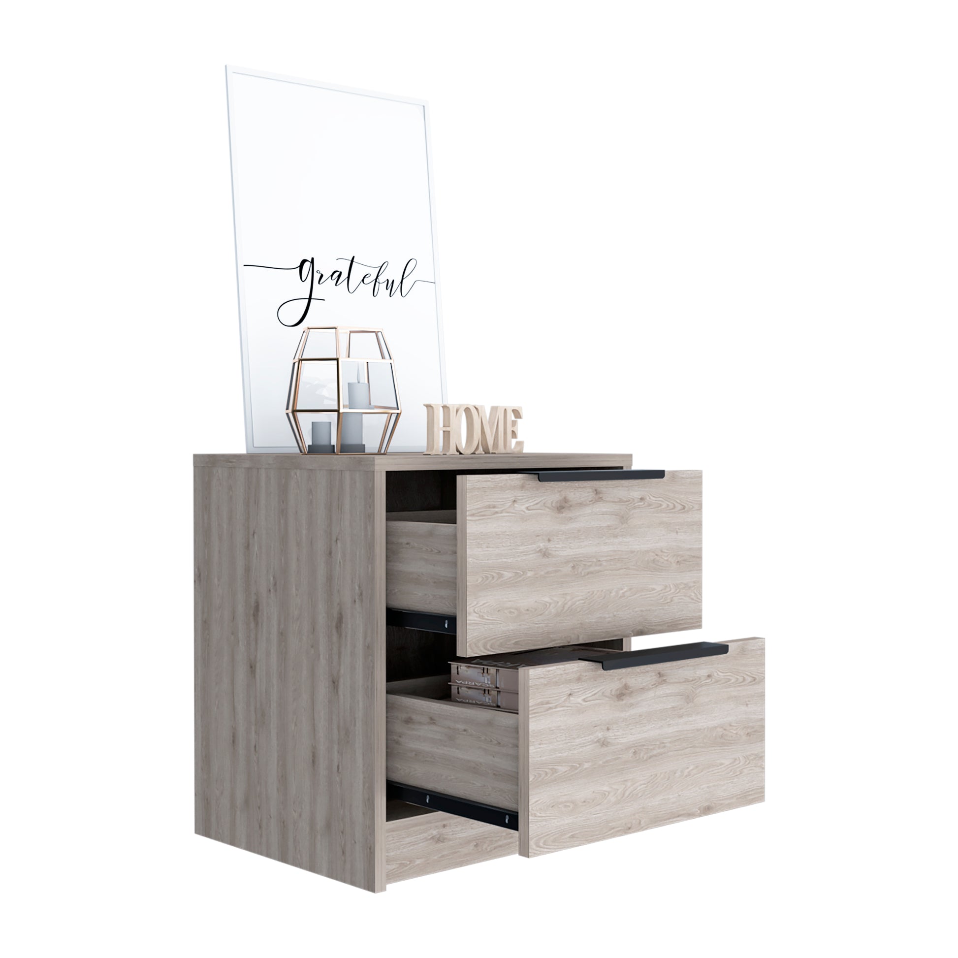 Light oak wood bedside table with two drawers one slightly open displaying items