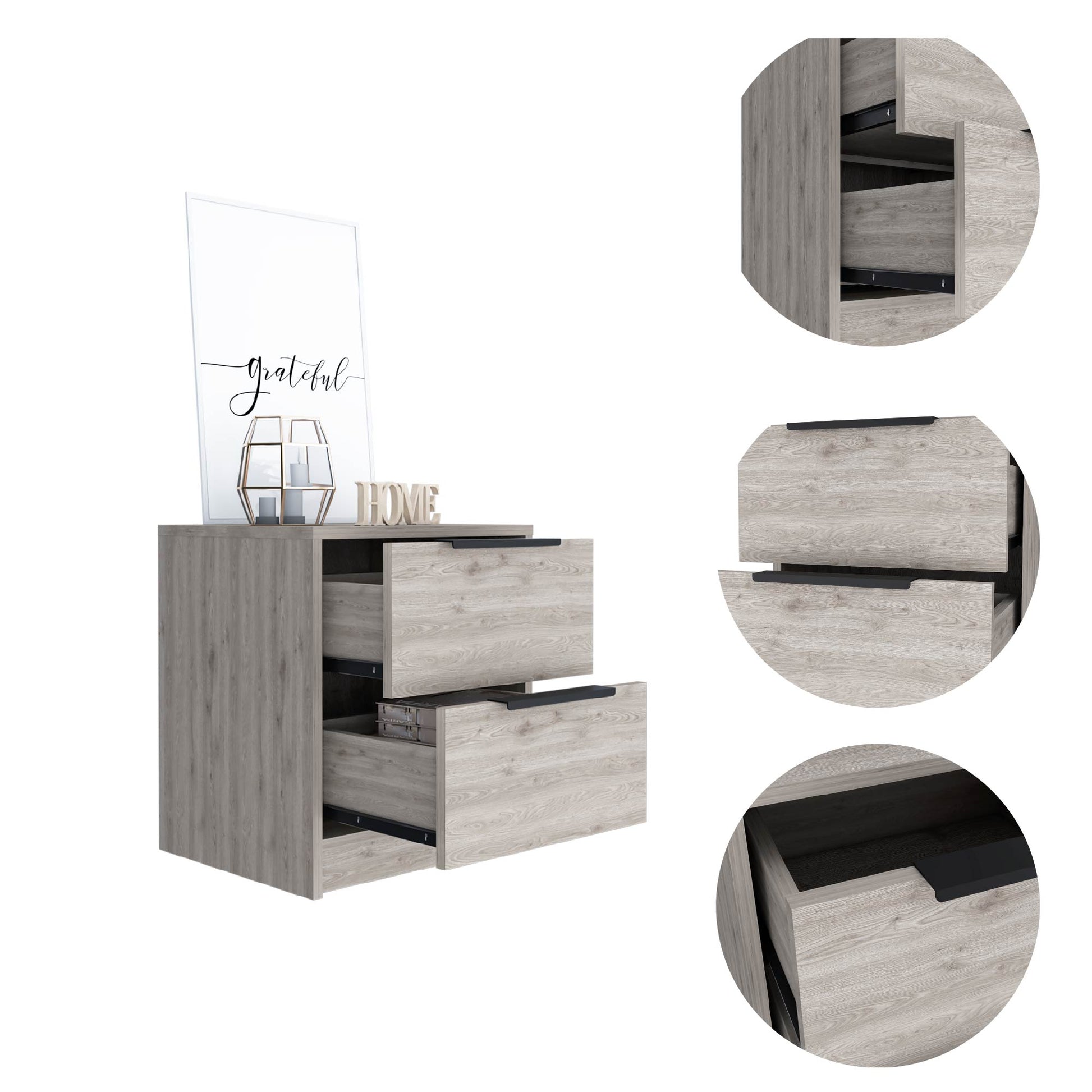 Gray wood bedside table with three drawers and black handles