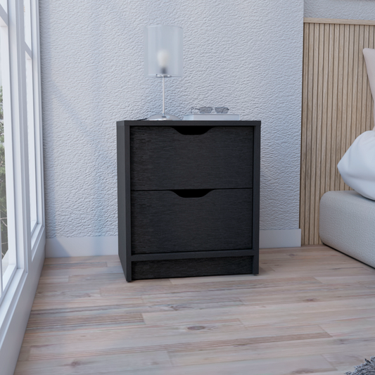 Black wooden twodrawer nightstand with integrated pull handles and a textured finish