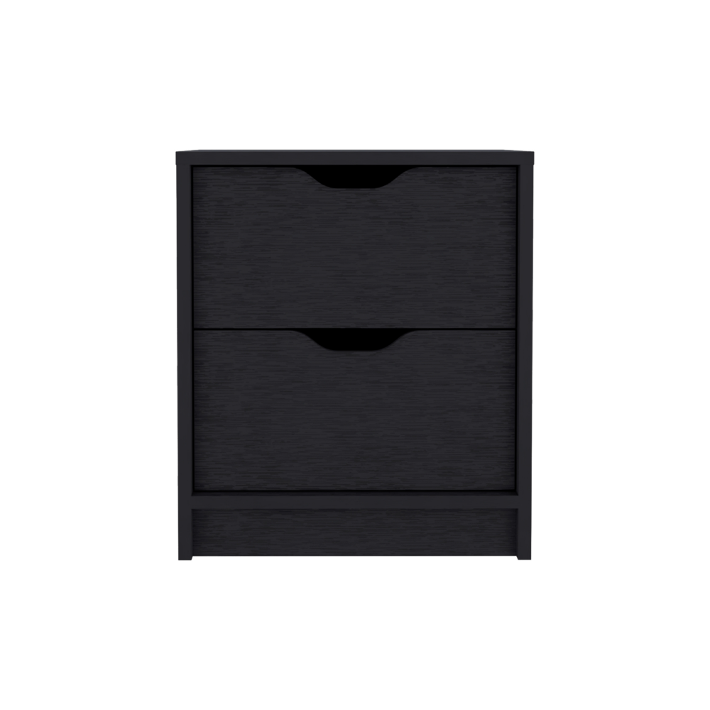 Sleek black twodrawer nightstand with integrated handles for modern bedroom storage