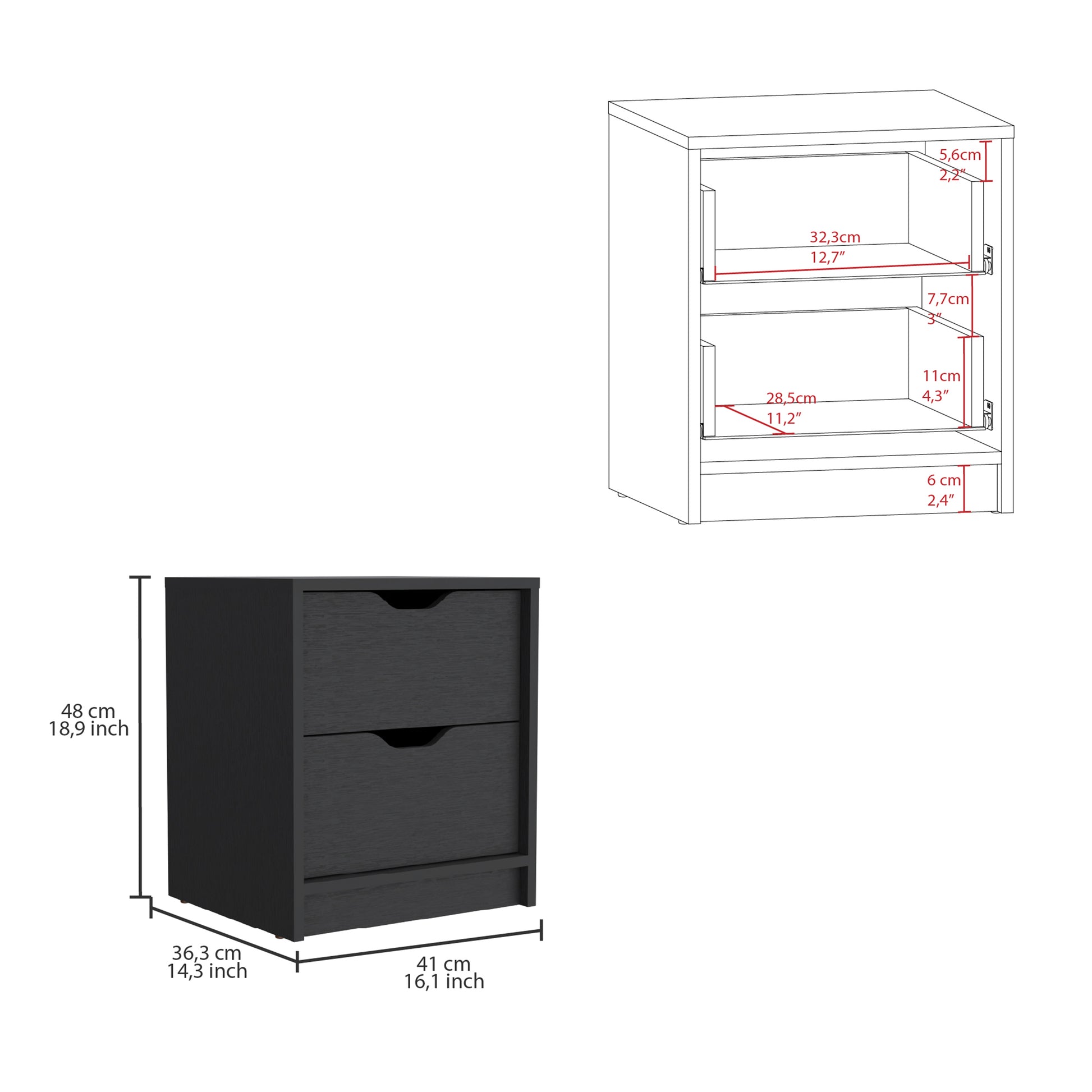 Black twodrawer nightstand with wood grain texture and dimensions