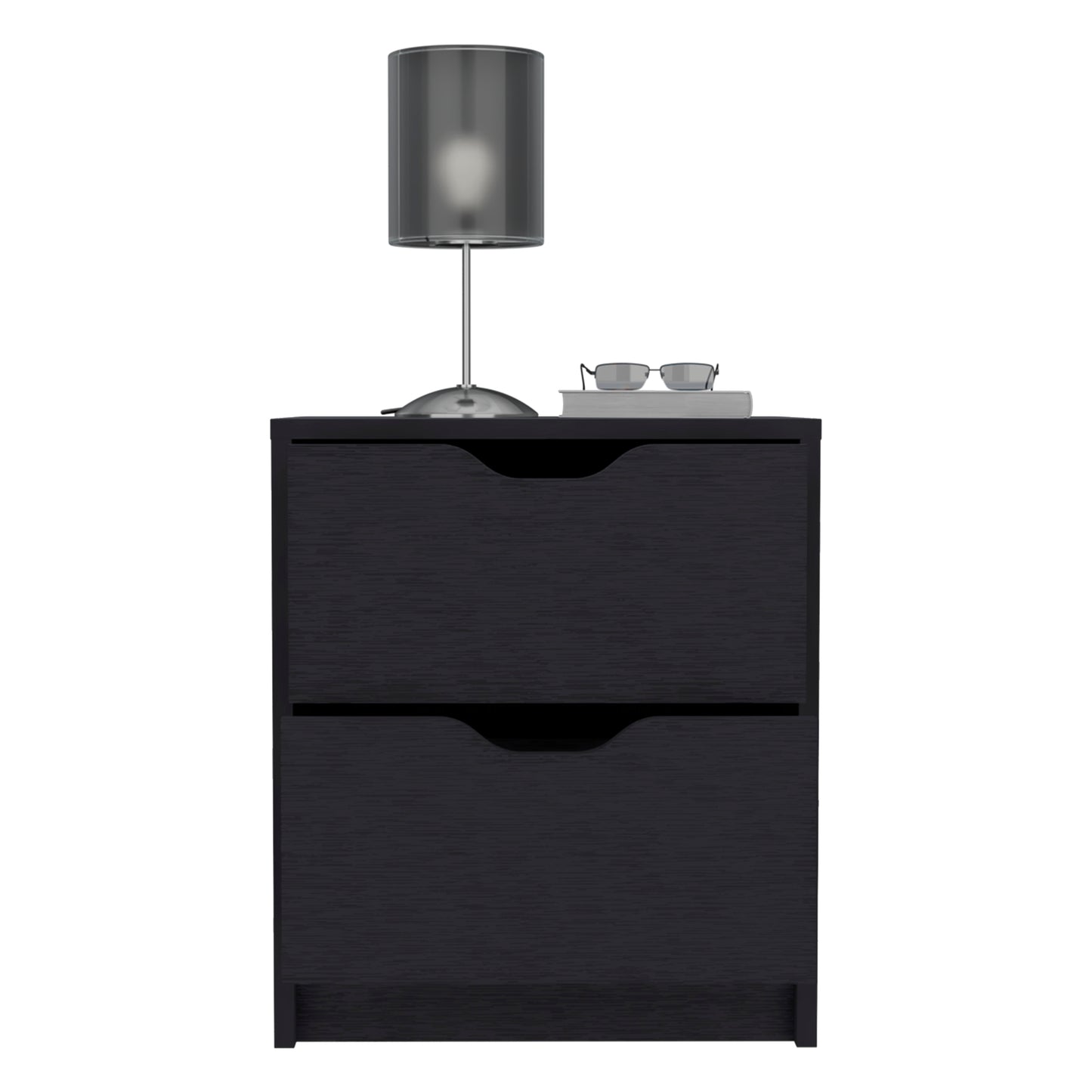 Dark gray wooden bedside table with two drawers and silver hardware