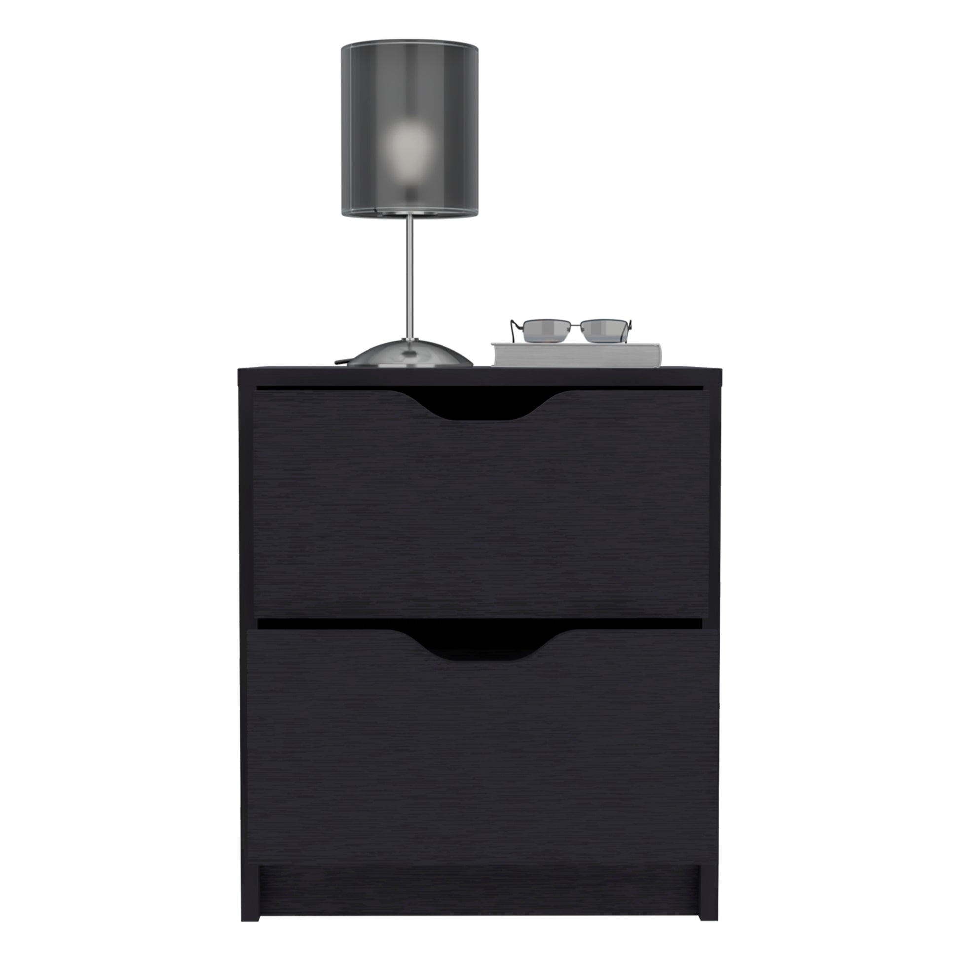 Dark gray wooden bedside table with two drawers and silver hardware