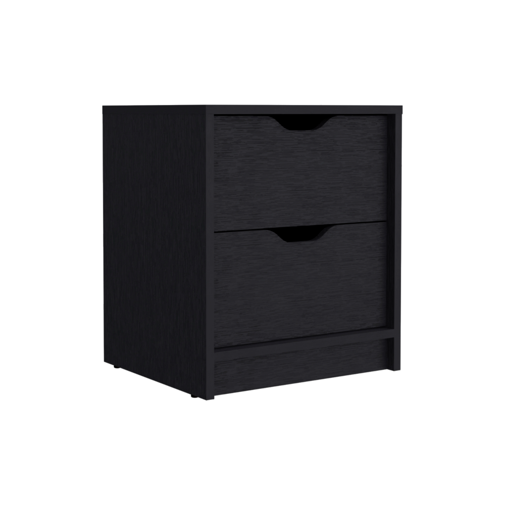 Black twodrawer nightstand with wood grain texture
