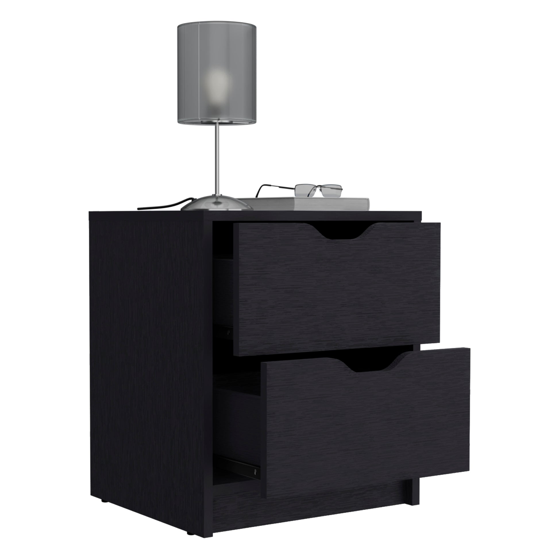 Modern dark oak veneer nightstand with two drawers and sleek cutout handles