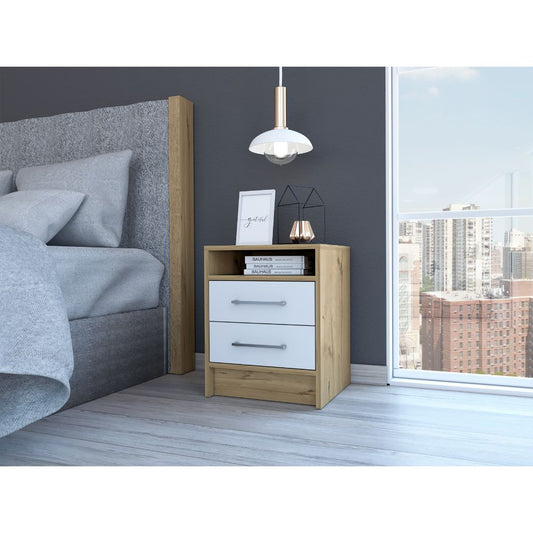 Modern twodrawer nightstand with white fronts and oakeffect frame