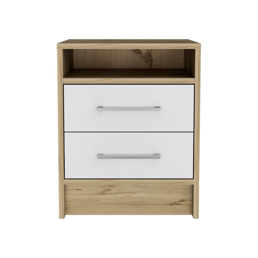 Modern nightstand with two white drawers and oak wood accents