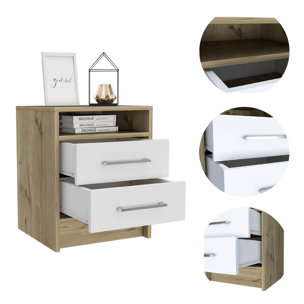 Modern oak and white nightstand with two drawers and shelf
