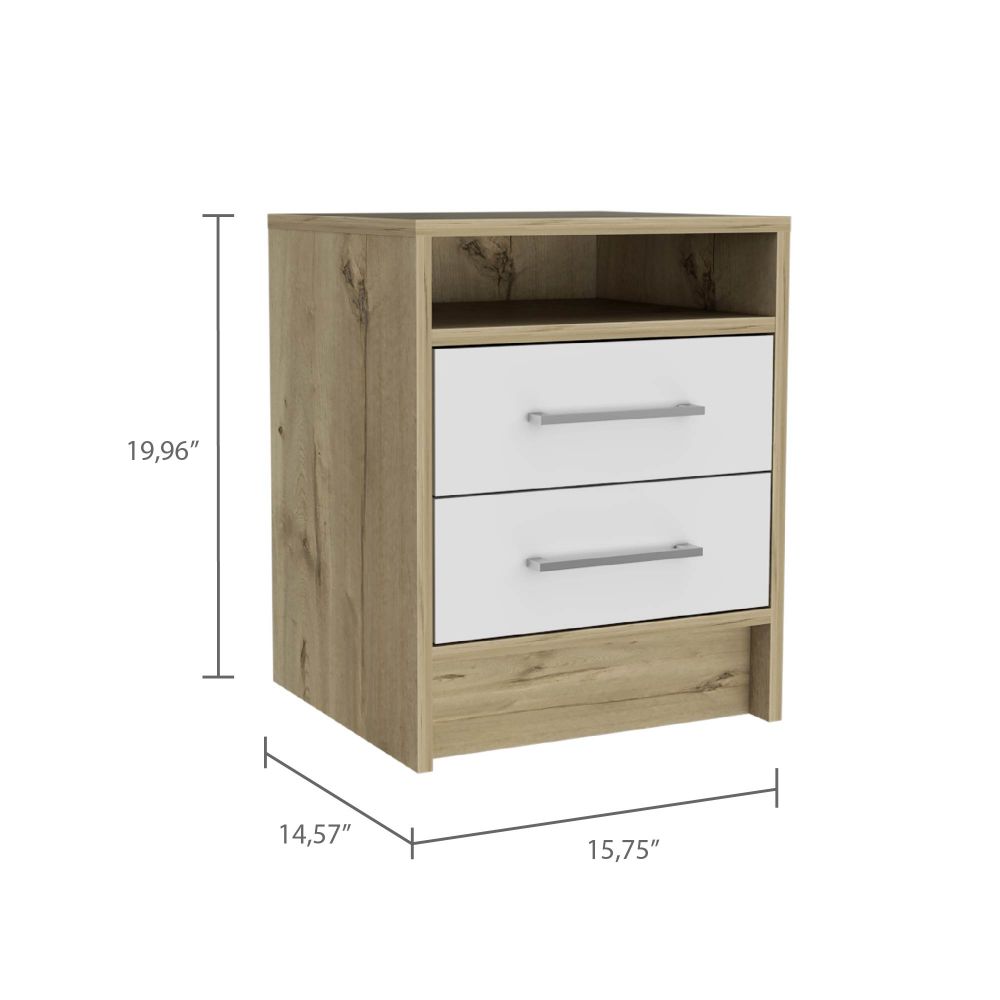 Modern oak and white twodrawer nightstand with open shelf and silver hardware