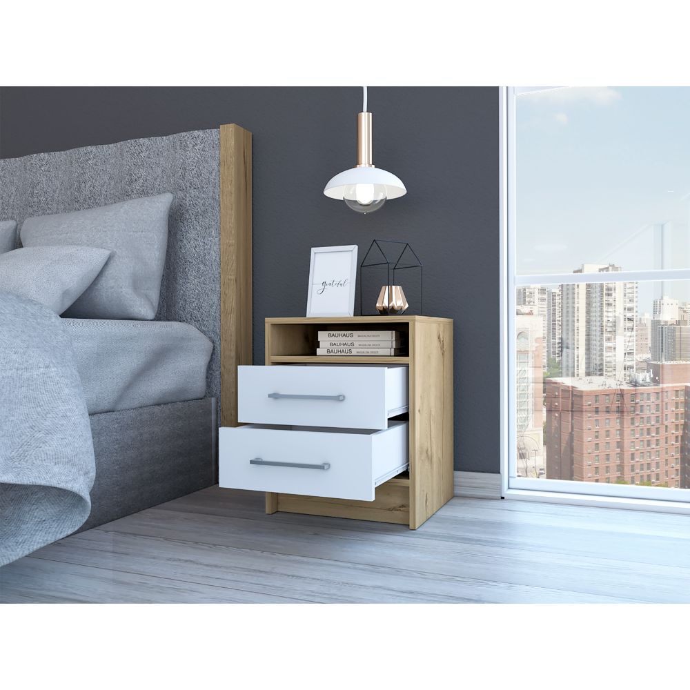 Modern oak and white bedside table with two drawers and an open shelf perfect for contemporary bedrooms