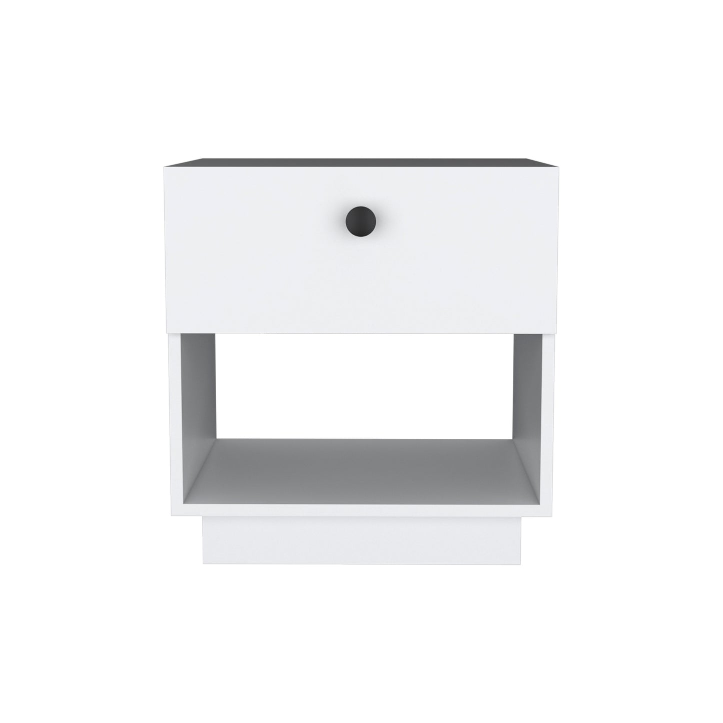 Modern white bedside table with single drawer and open shelf