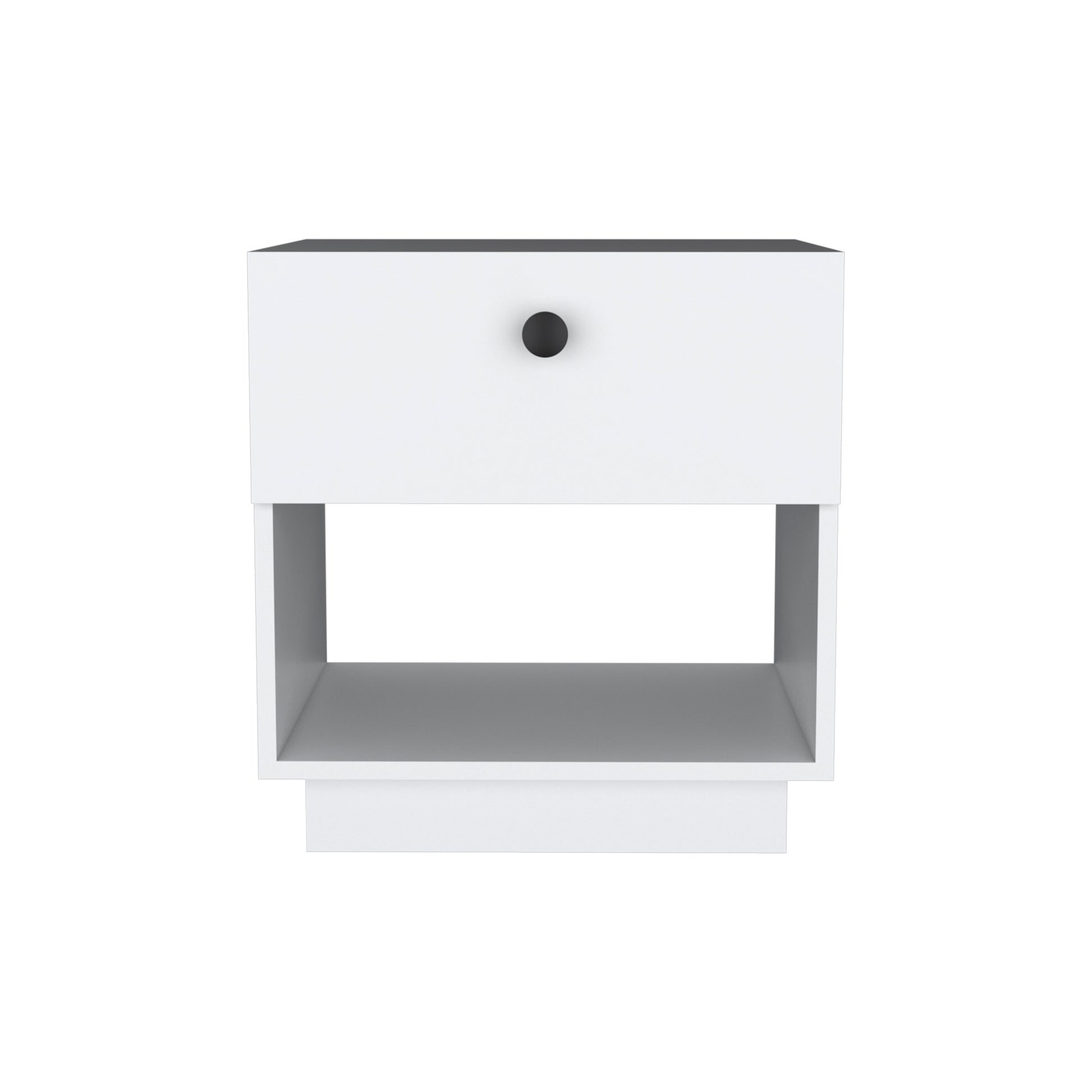 Modern white bedside table with single drawer and open shelf