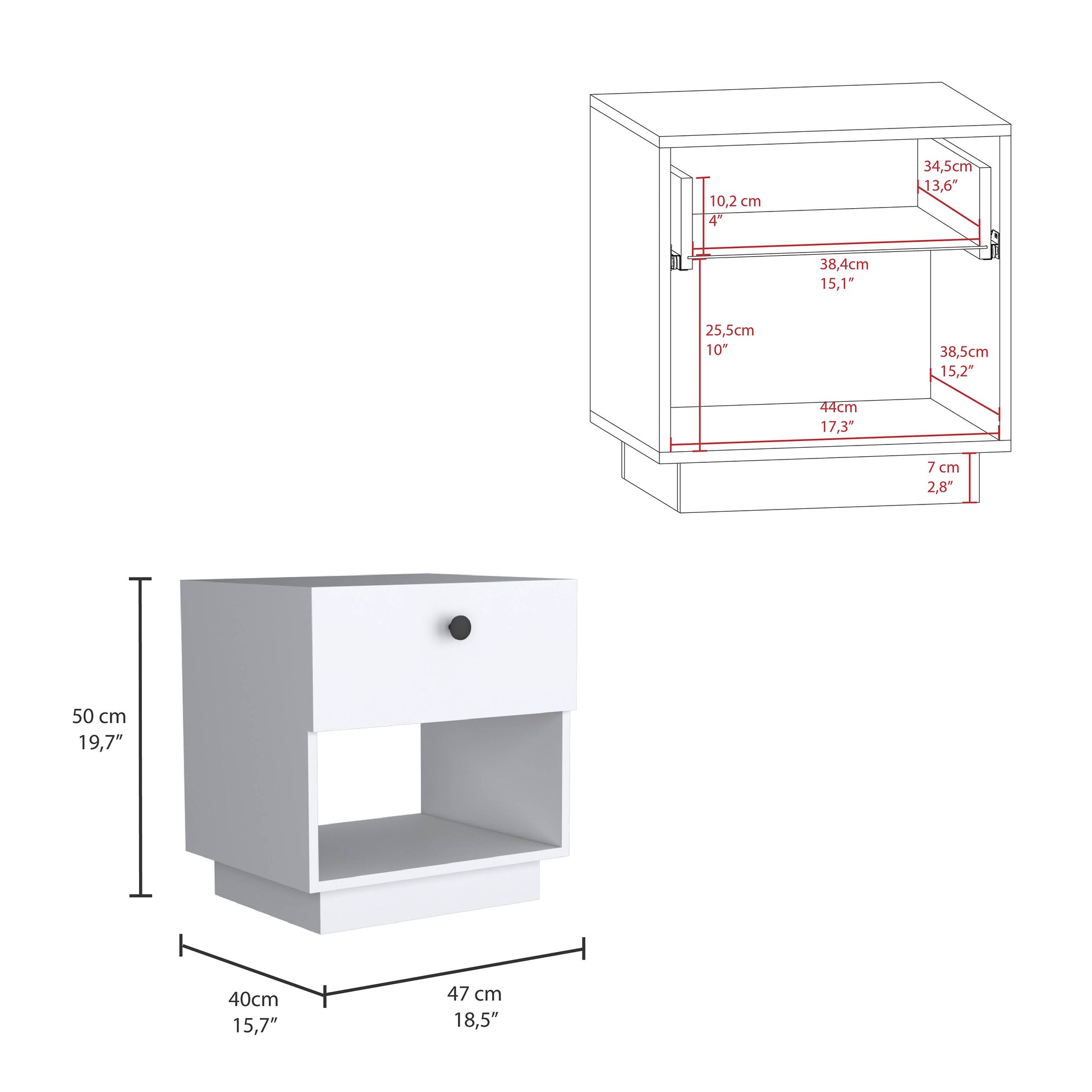 White modern nightstand with one drawer and an open shelf Dimensions shown