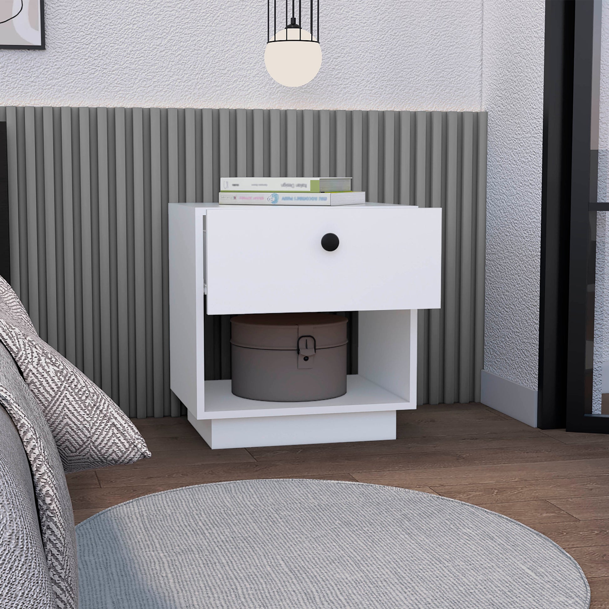 Modern white bedside table with one drawer and open shelf