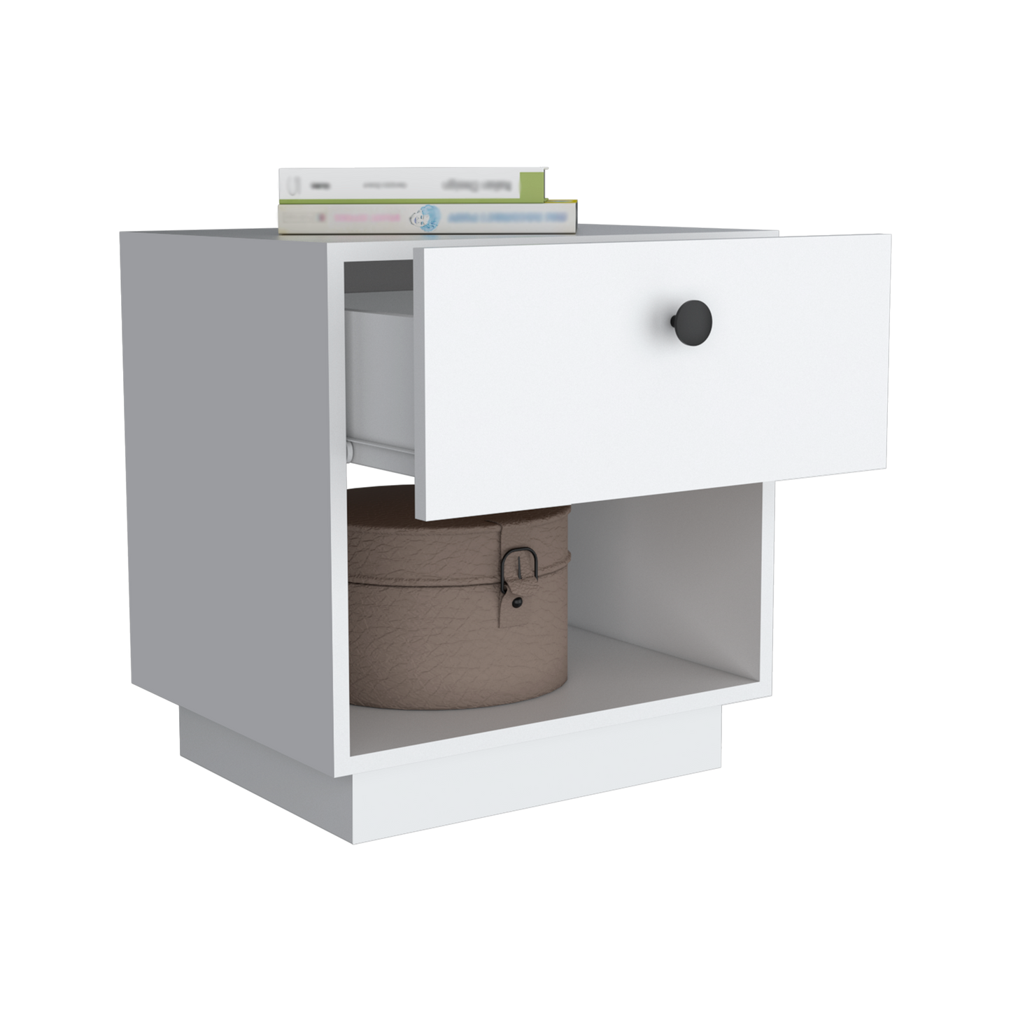 White modern nightstand with one drawer and open shelf