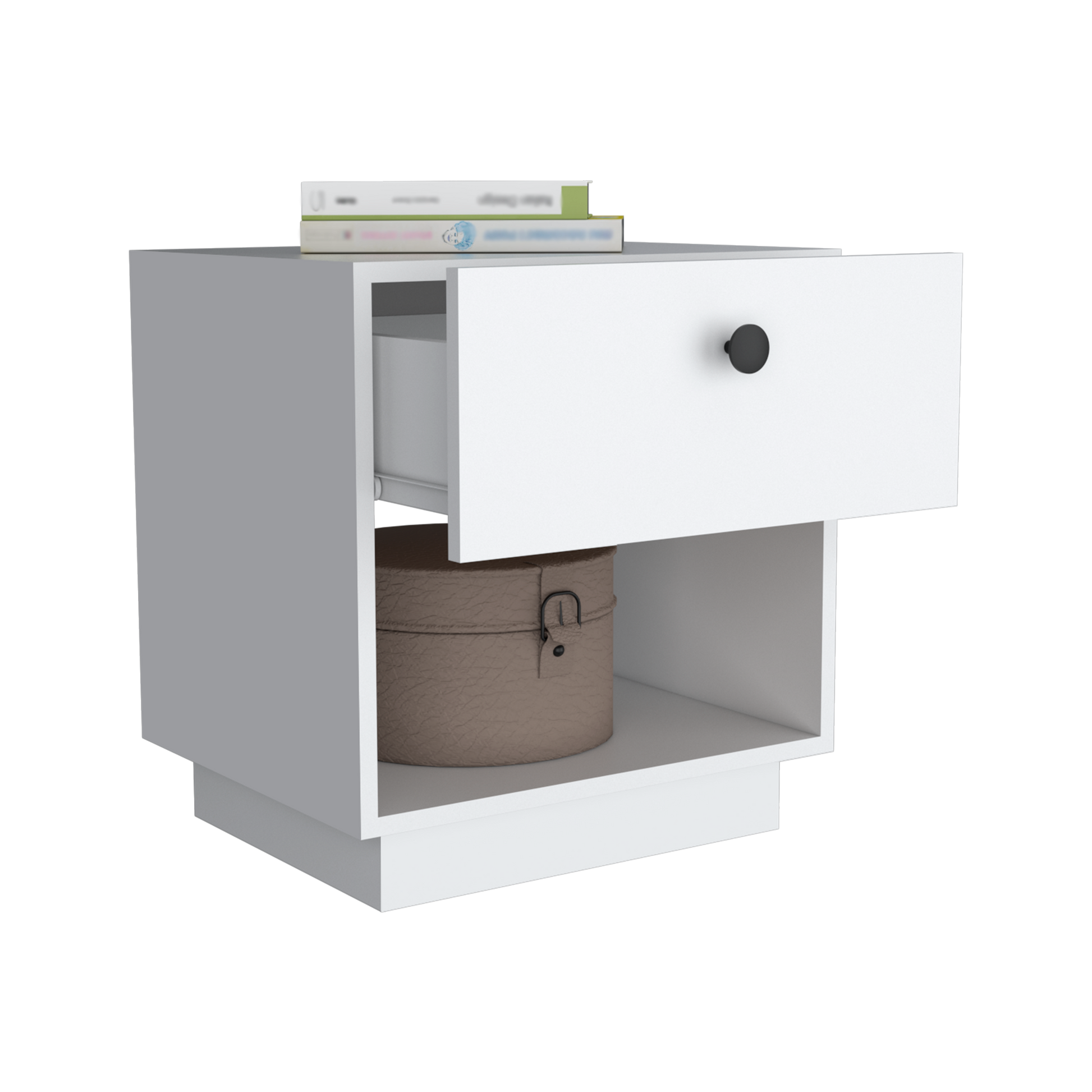White modern nightstand with one drawer and open shelf