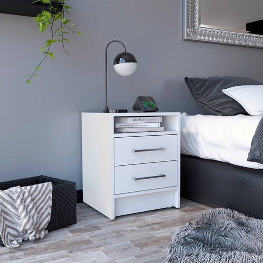 Modern white bedside table with two drawers and open shelf for bedroom storage