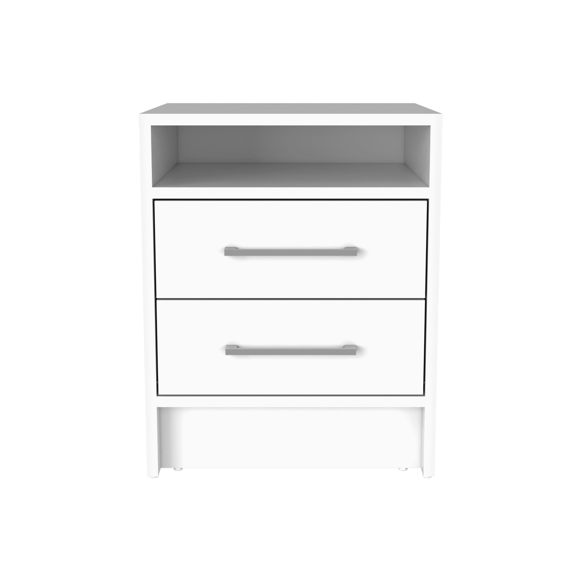 White twodrawer nightstand with open shelf and silver handles