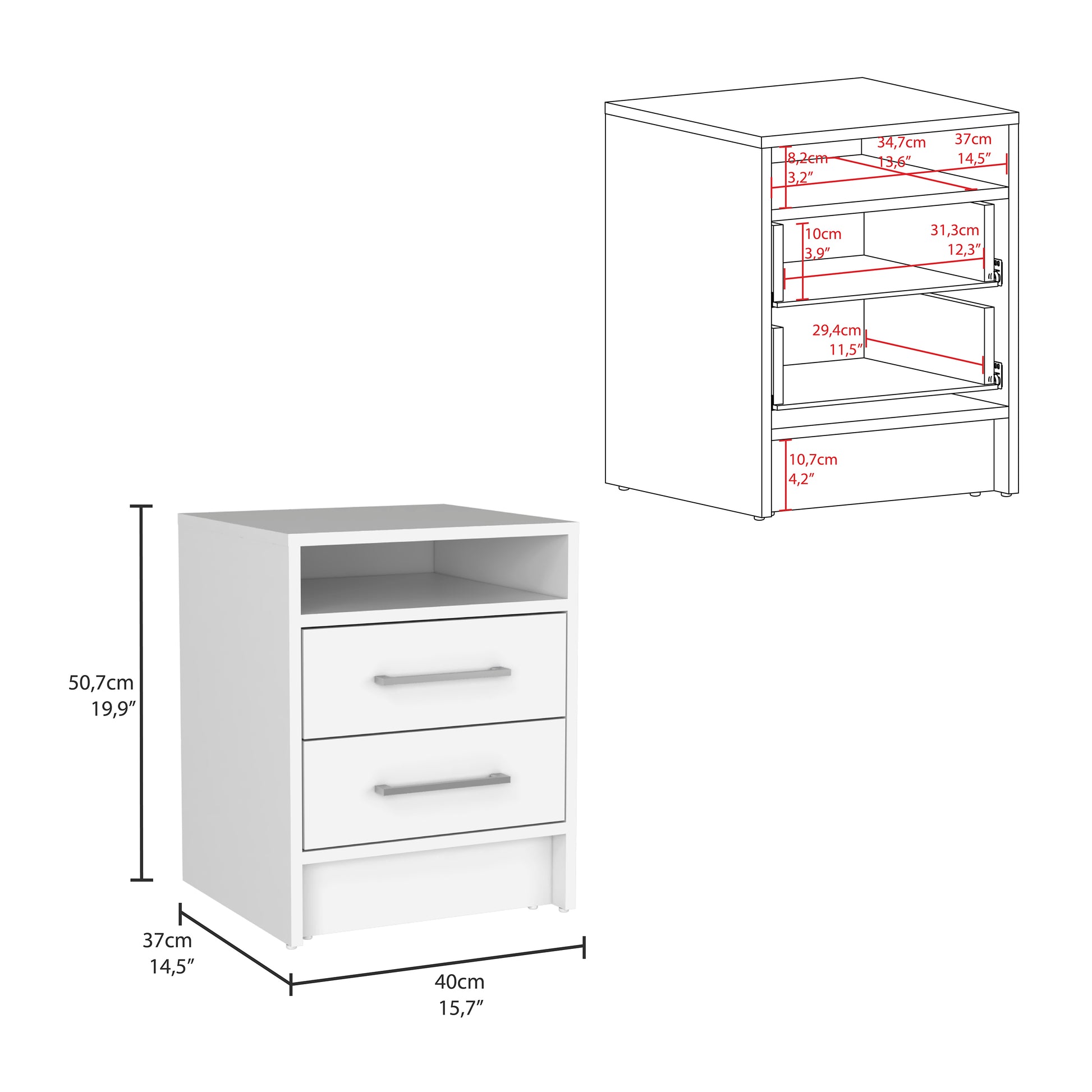 White modern nightstand with two drawers and an open shelf featuring silver handles