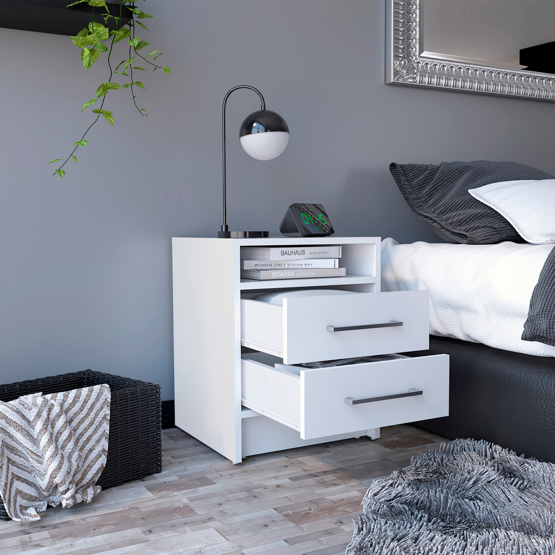 Modern white twodrawer nightstand with metal handles and open shelf