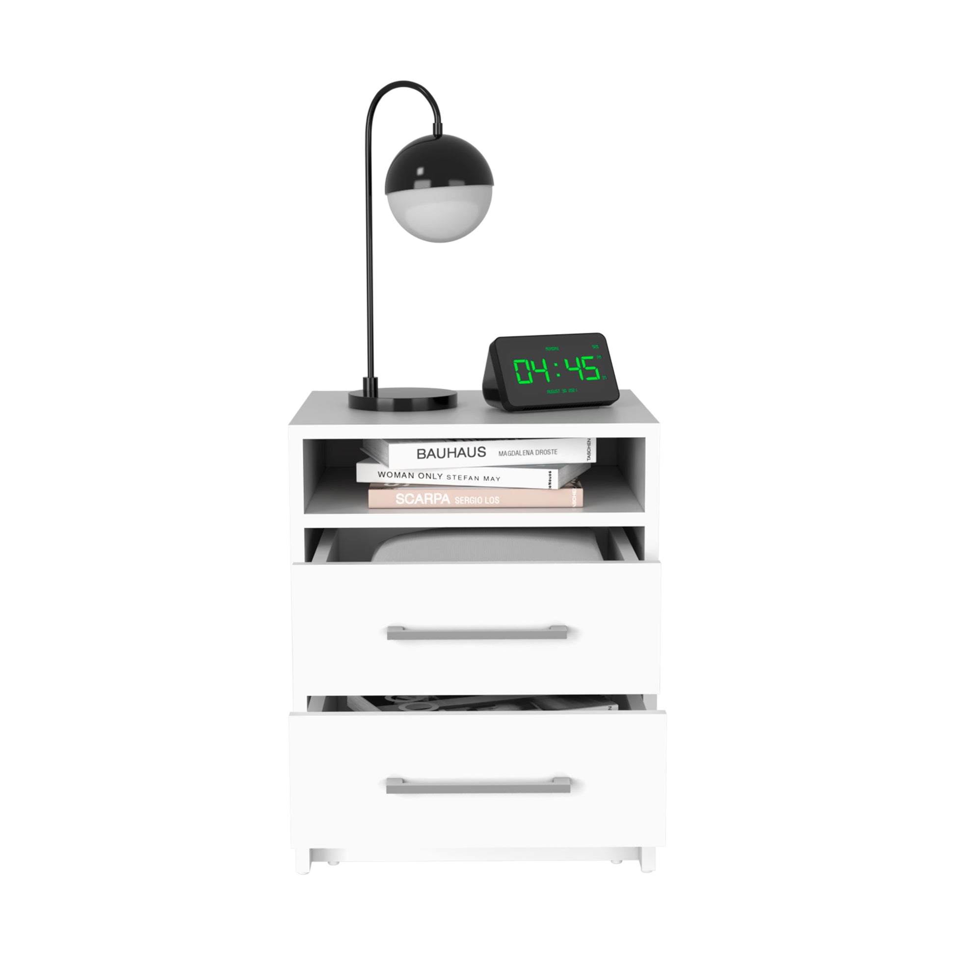 White bedside table with two drawers a shelf lamp and alarm clock