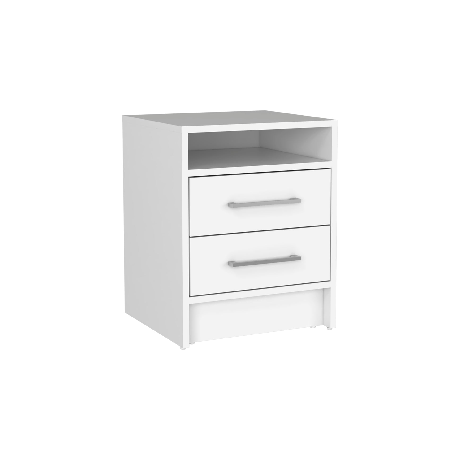 White twodrawer nightstand with open top shelf and silver handles