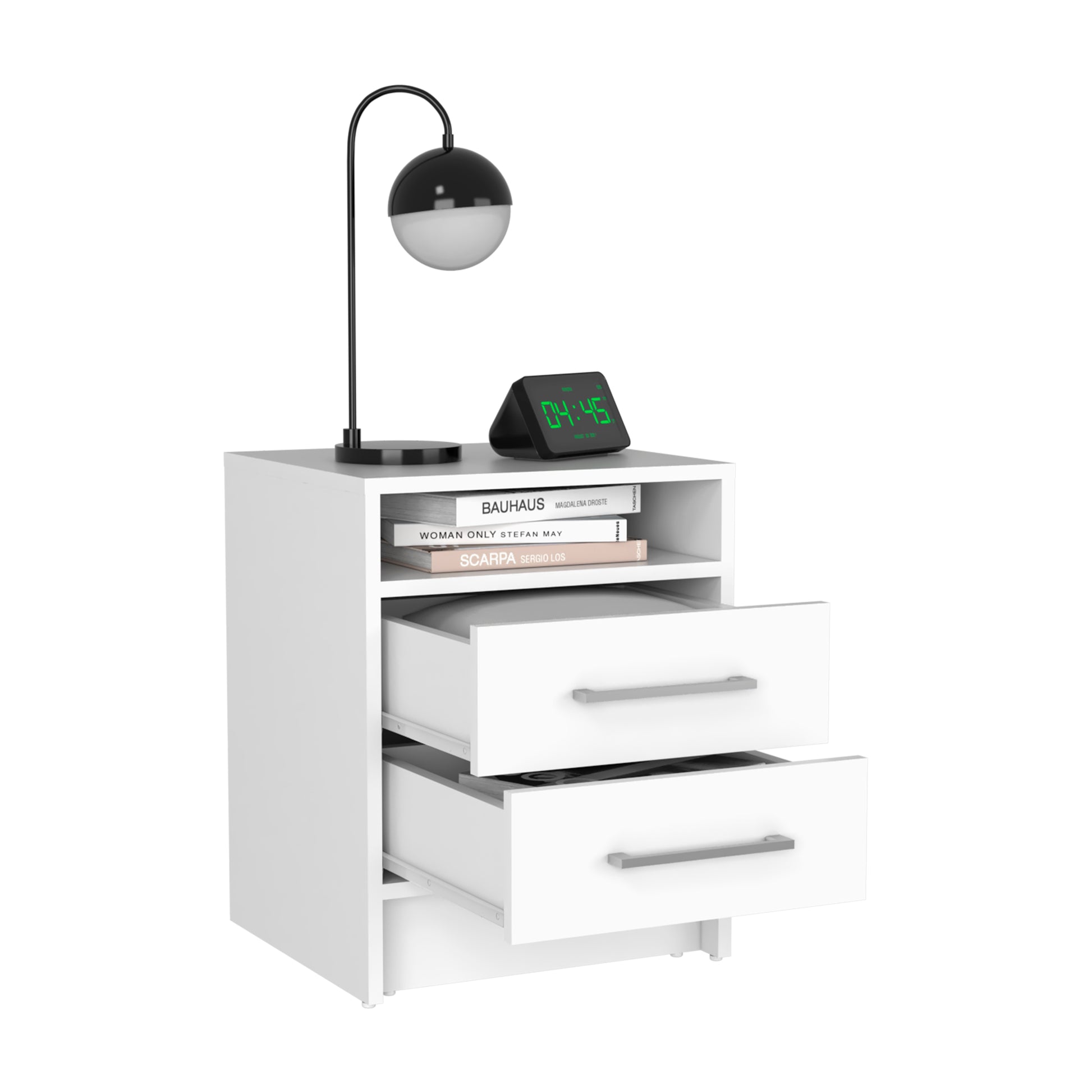 White modern nightstand with two drawers and a top shelf holding books and a lamp