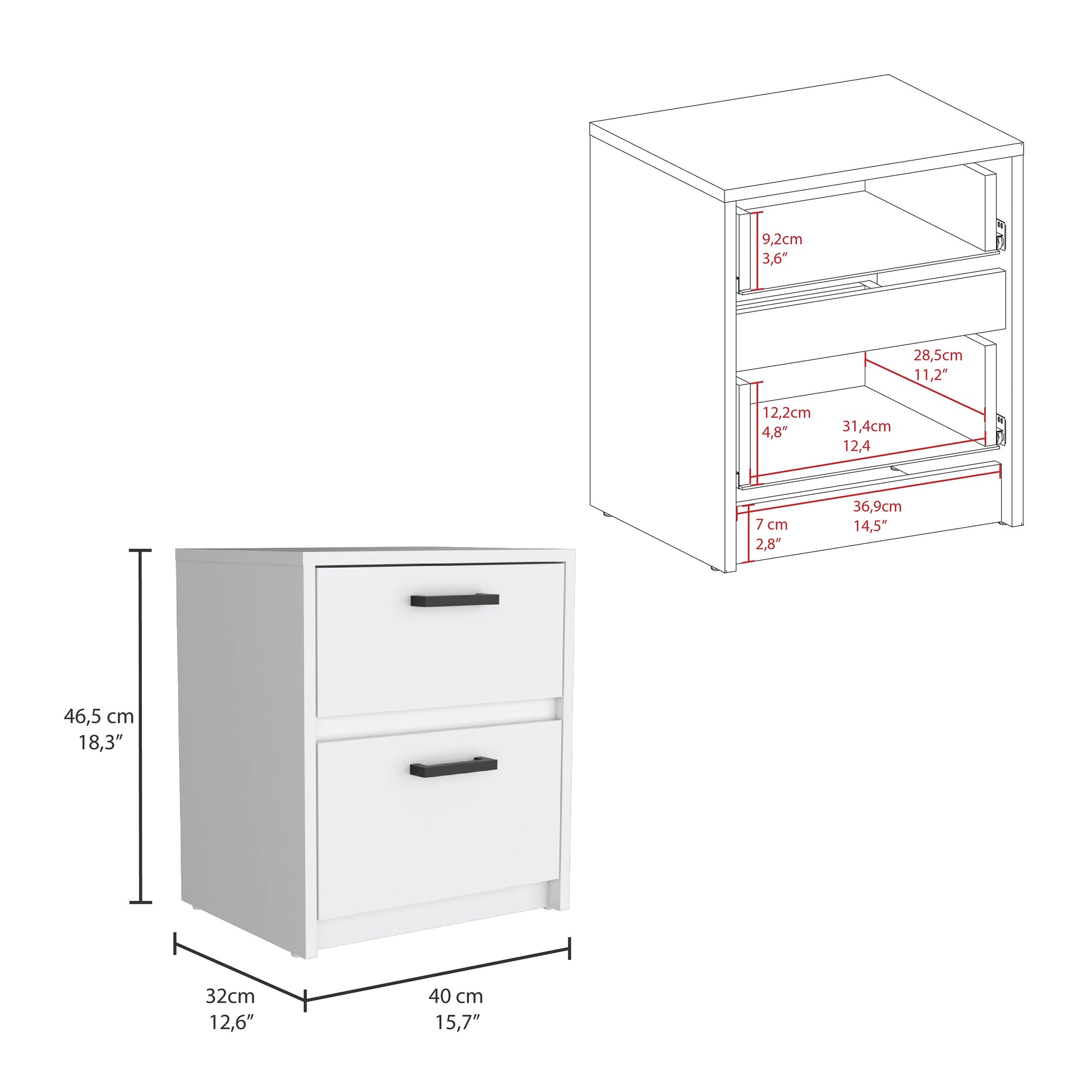 White modern nightstand with two drawers and black handles xxcm