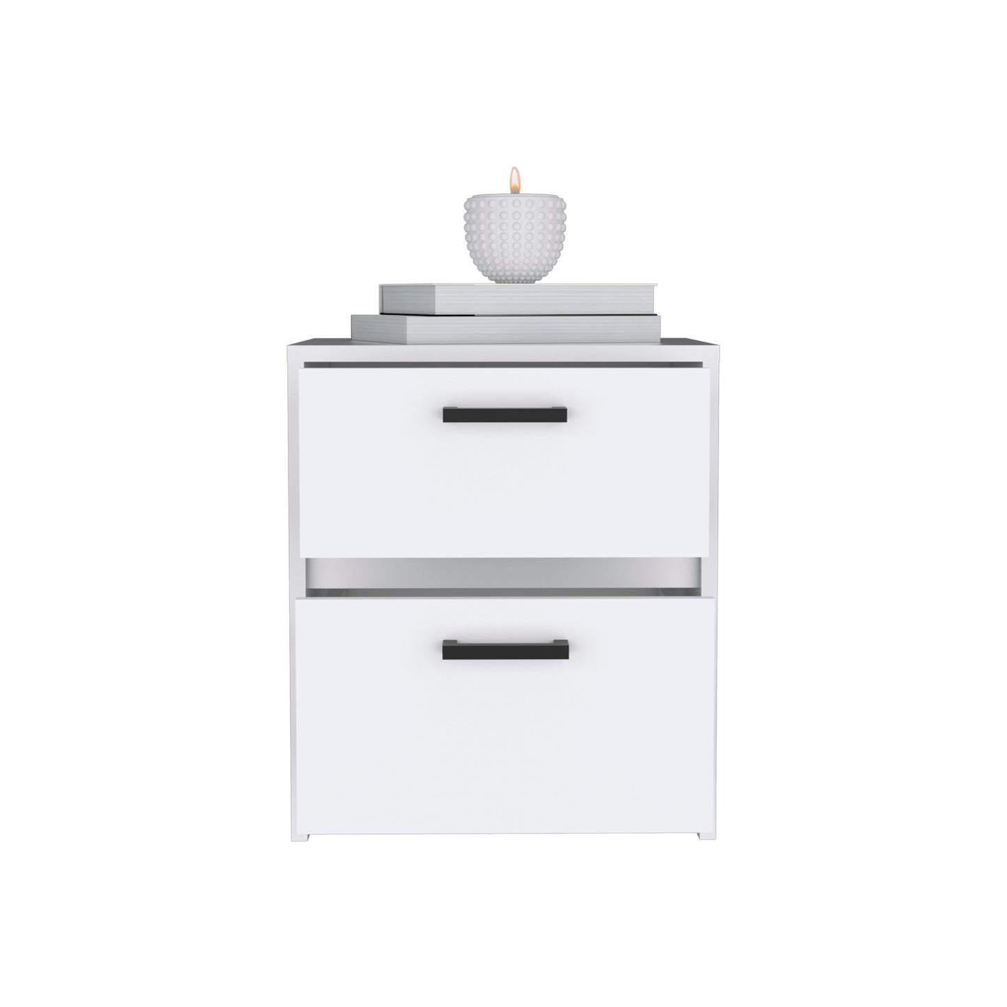 White twodrawer nightstand with black handles topped with books and a decorative candle