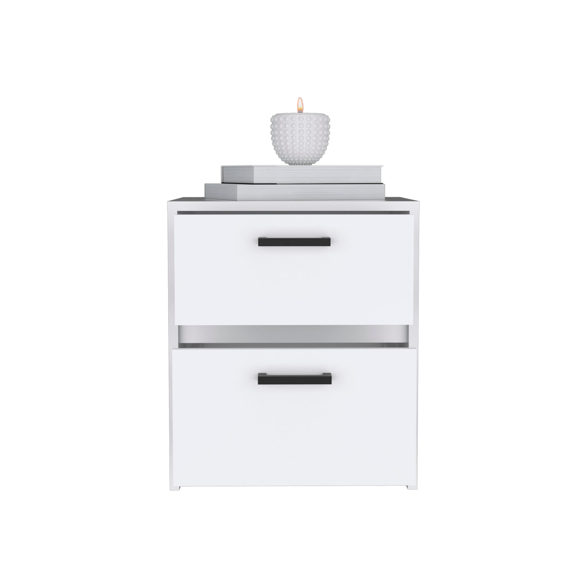White twodrawer nightstand with black handles topped with books and a decorative candle