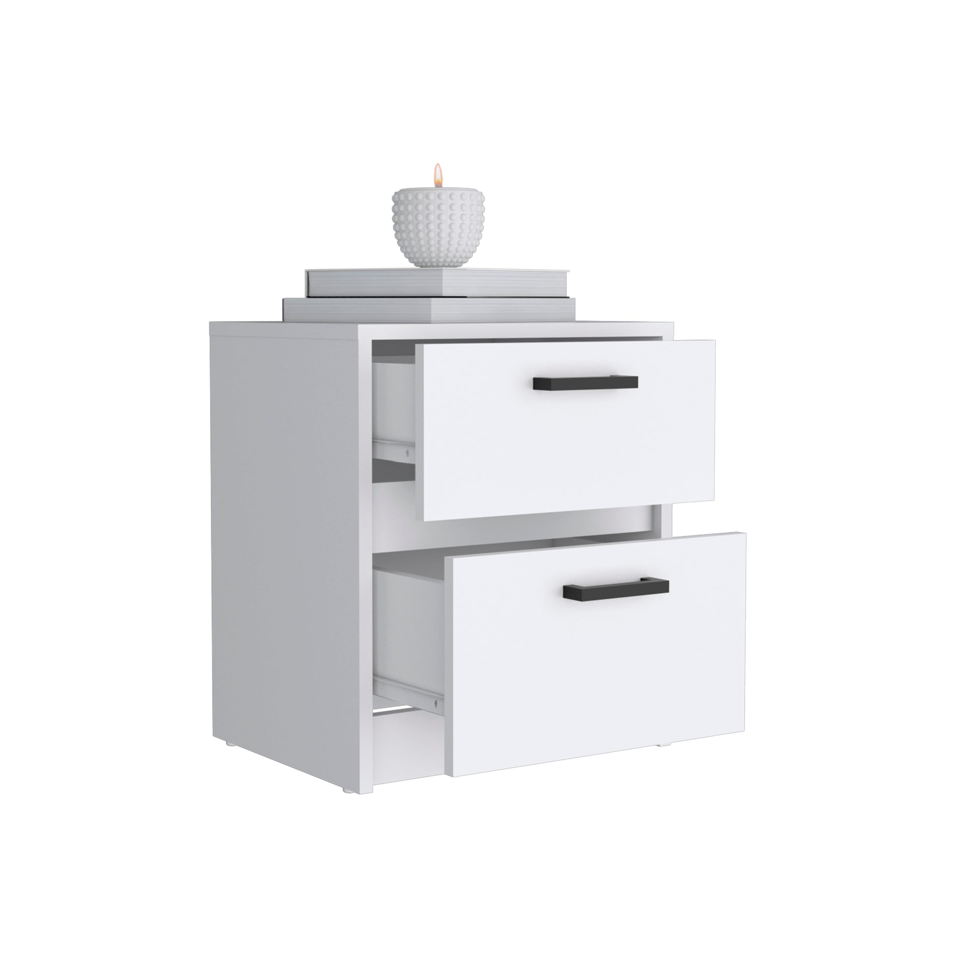 White modern twodrawer nightstand with black handles placed on a white background