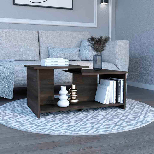 Modern dark wood lifttop coffee table with storage shelves