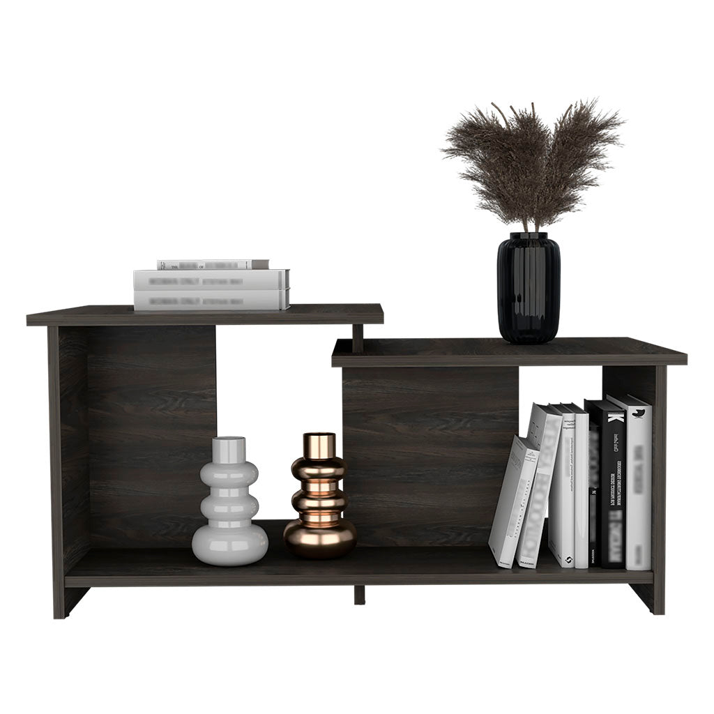 Dark wood modern entryway console table with geometric vases and books