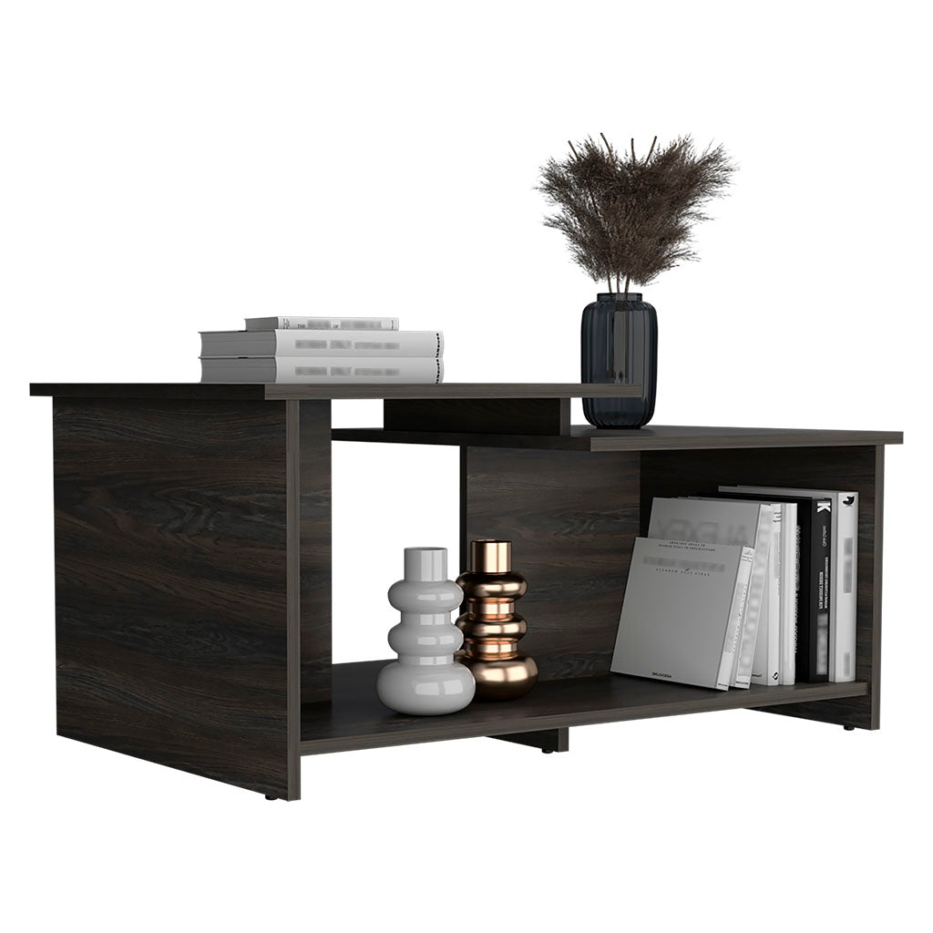 Dark wood coffee table with open shelving and decorative items