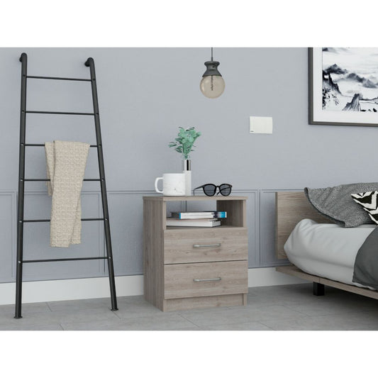 Twodrawer nightstand with brushed nickel handles and oak laminate finish