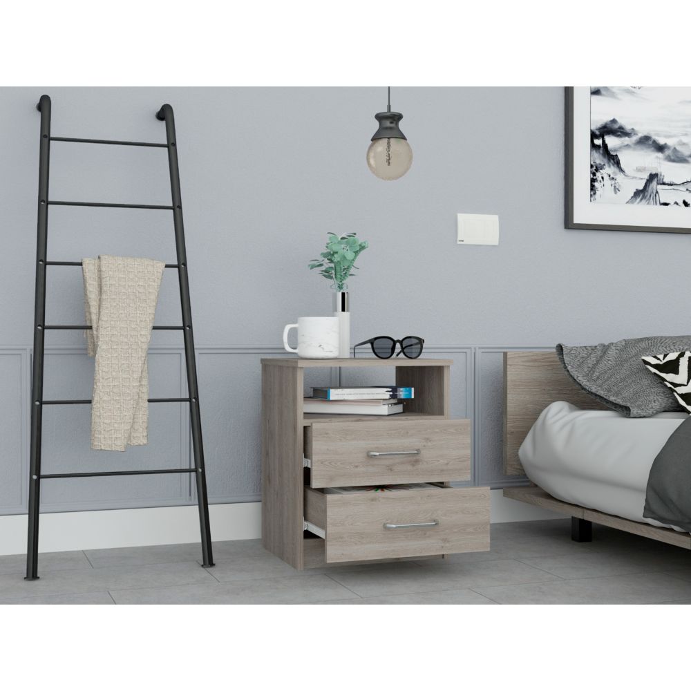 Rustic oak twodrawer nightstand with open shelf for bedside storage