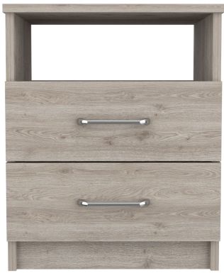 Light oak wood bedside table with two drawers and silver handles