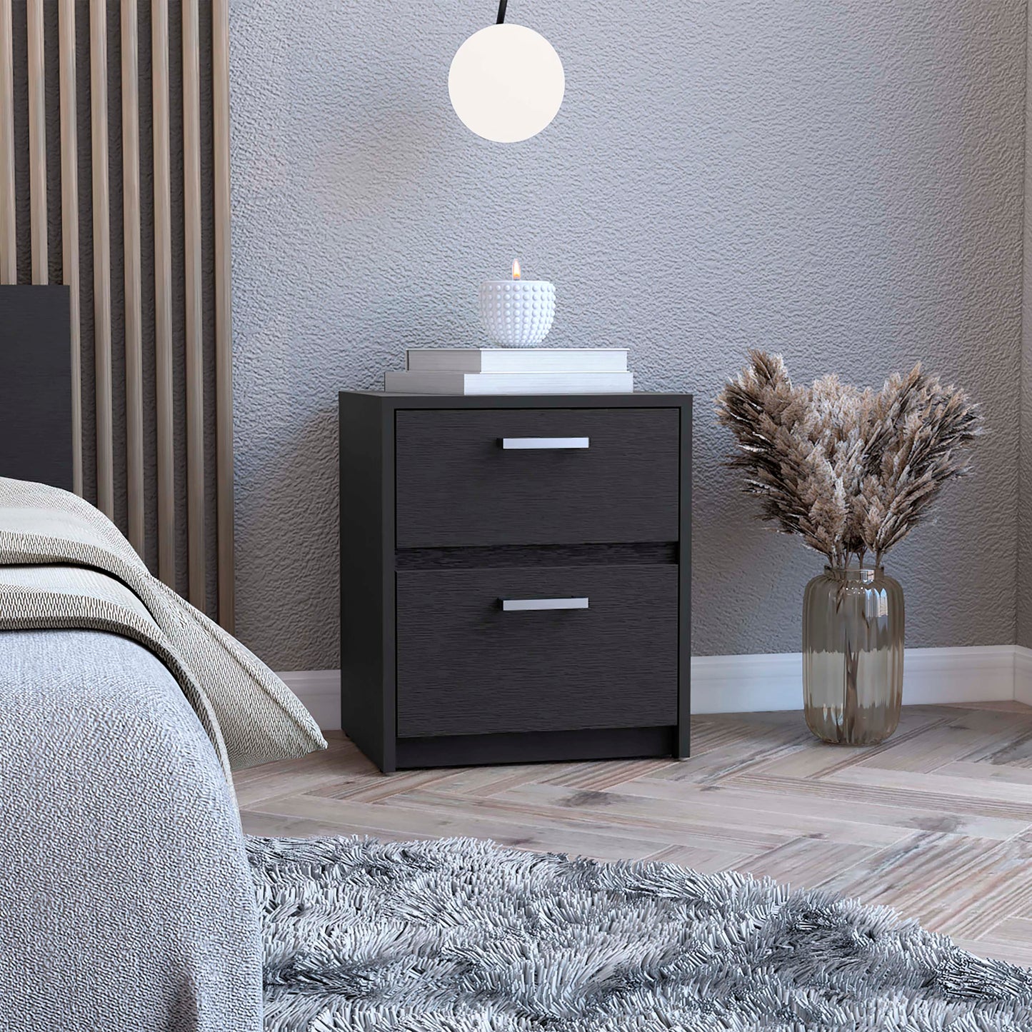 Dark grey twodrawer nightstand with silver handles perfect for bedside storage