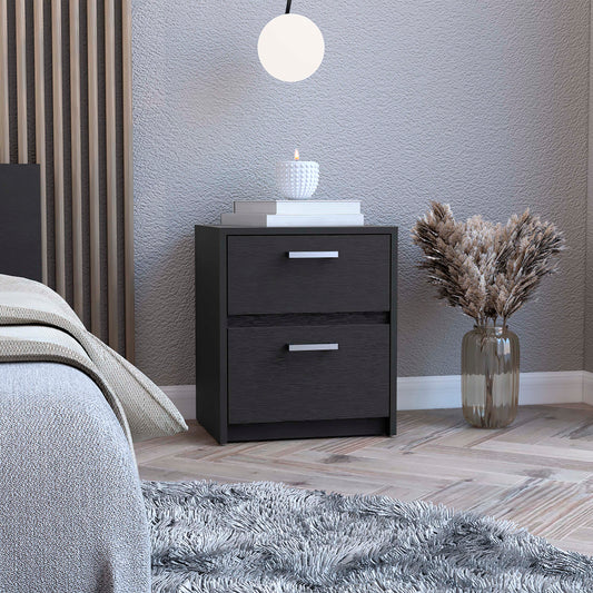 Dark grey twodrawer nightstand with silver handles perfect for bedside storage